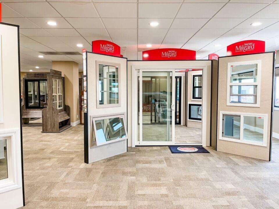 Replacement window and door showroom in Los Angeles, CA displaying modern energy-efficient windows and sliding patio doors.